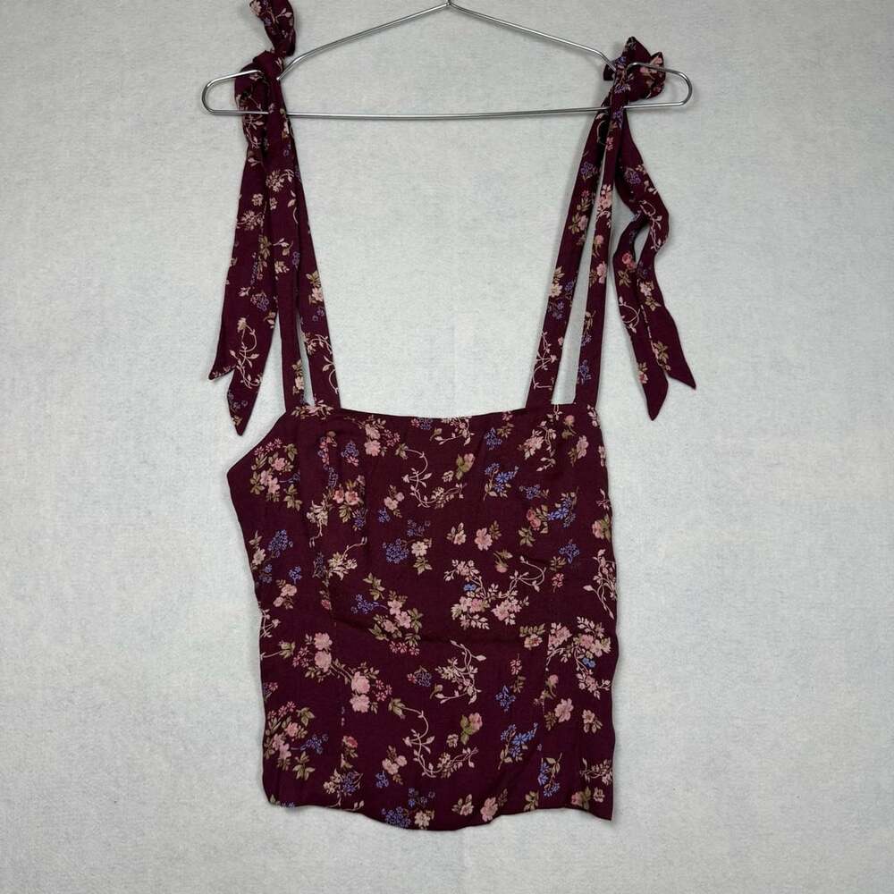 Reformation Top Womens Size 2 Ellora Floral Print Crop Burgundy Tie Strap